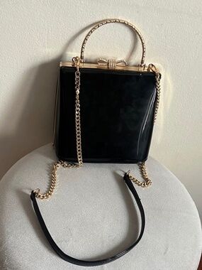 Black Patent Structured Top-Handle Bag with Gold Chain